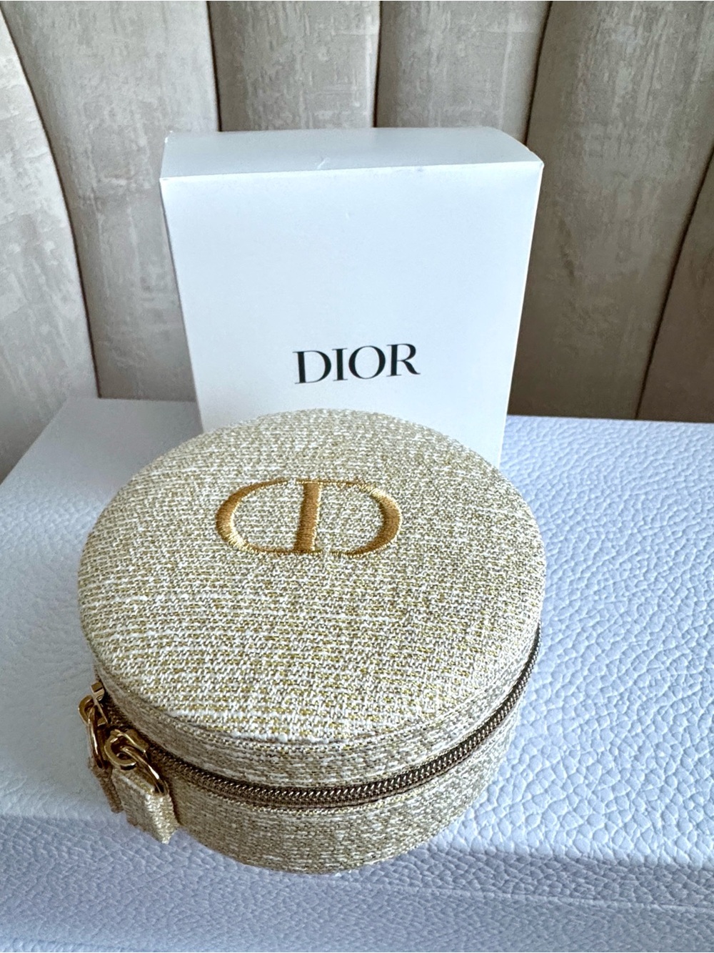 Dior Round Cream and Gold Tweed Cosmetic Case